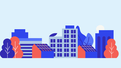 Eco friendly cityscape with solar panels on buildings and trees, minimalistic flat design