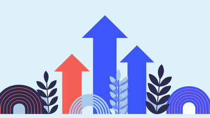 Minimalist flat illustration of abstract growth concept with arrows and plants in blue and red