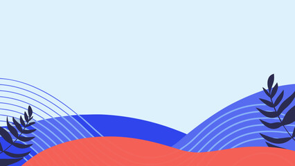 Minimalist flat vector illustration of abstract waves with leaves and lines in blue and orange