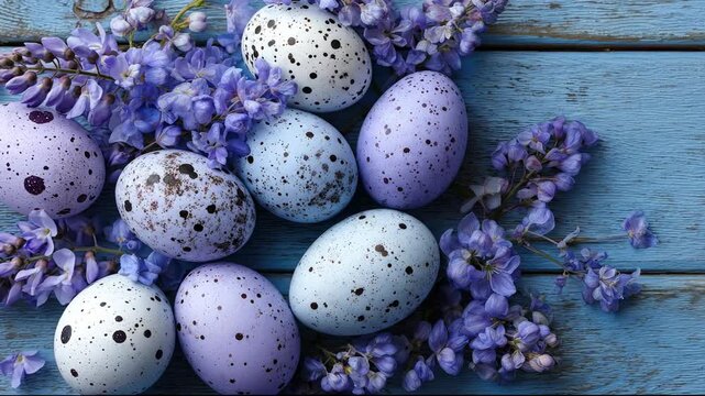 Pastel speckled Easter eggs and purple flowers on rustic blue wooden background flat lay