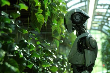 Advanced humanoid robot monitoring plant growth in a modern greenhouse, showcasing the integration of robotics and agriculture