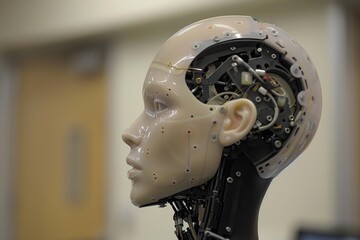 Profile of a futuristic android head showing its internal components