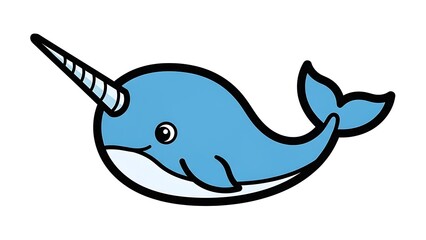 Blue Cartoon Narwhal Illustration on White Background.