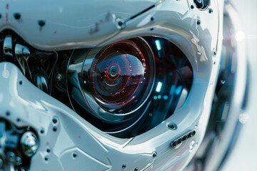 Close up of a futuristic robot eye, highlighting its complex mechanisms and red glowing lens, suggesting advanced technology and artificial intelligence