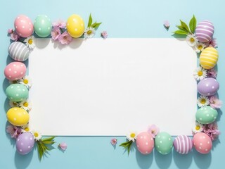 Beautiful easter egg frame with flowers on blue background