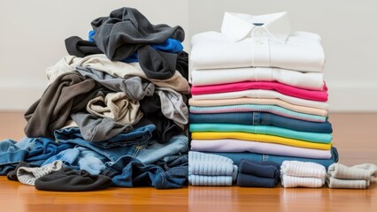 Comparison of messy and neatly folded clothes stacks on wooden floor