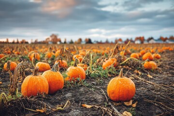 A pumpkin harvest at dusk is presented in passive voice, orange pumpkins contrast dark soil, fading sunlight enhances atmosphere
