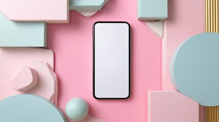 Smartphone mockup showing blank screen with pastel geometric shapes