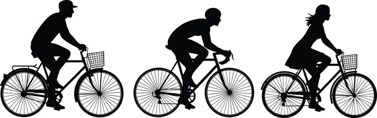 Fototapeta premium Cycling silhouette set of men and woman riding bicycles, urban commuting concept, black vector illustration isolated on white background