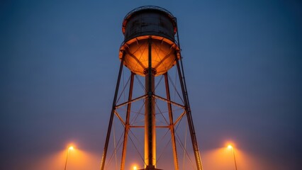 Illuminated industrial water tower against blue evening sky with street lights