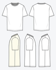 Naklejka premium Basic t-shirt front, back and side view flat sketch vector mockup template technical illustration.