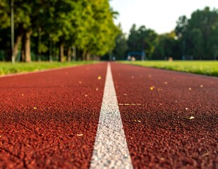 Low-angle view of a running track, central white line leading into focus. Trees and foliage form a blurred background. Sunlight illuminates the scene