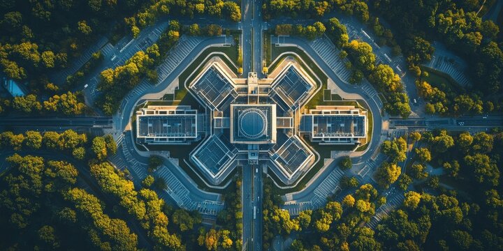 Aerial view of ministry of defence of republic of belarus building surrounded by forest in minsk city