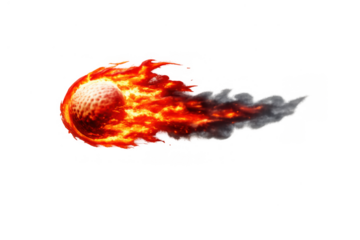 Golf ball flying with intense flames and smoke trail, representing speed, power, and competition effect on transparent background