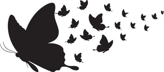Butterfly Swarm Silhouette &ndash; Elegant Flying Butterflies Black Vector on White.