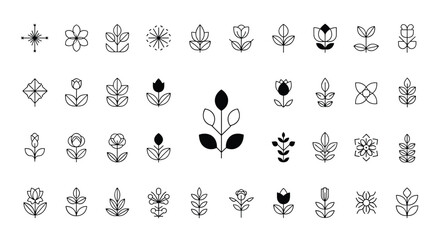 Comprehensive set of minimalist botanical line art icons including flowers, leaves, and plants for modern floral branding projects.