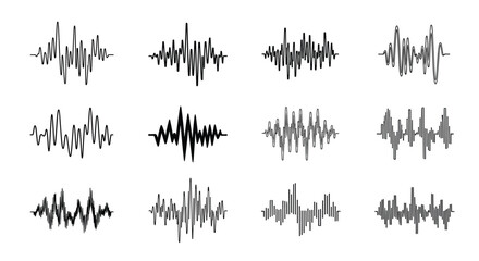 Collection of twelve diverse sound wave and audio signal graphics in black and white featuring various frequencies, amplitudes, and styles.