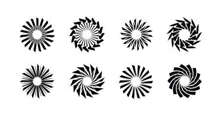 Abstract collection of black geometric starbursts and circular designs with sharp blades for modern graphic and industrial logos.