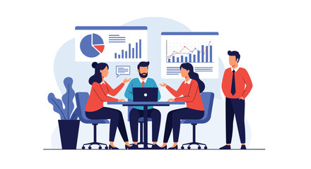 Professional business team collaborating in an office meeting around a table with data charts and laptop for strategy planning.