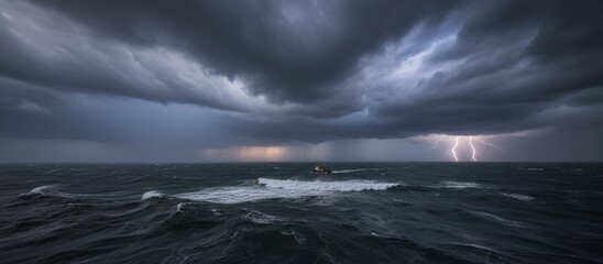 Dramatic Stormy Sea with Dark Clouds, Lightning Strikes, and Small Fishing Vessel Battling Rough Waters at Dusk