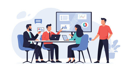 Team of diverse business professionals having a collaborative meeting in a modern office with data visualization on a large screen.