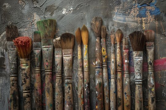 Paintbrushes resting on a textured surface, displaying colorful remnants of past painting sessions - Powered by Adobe