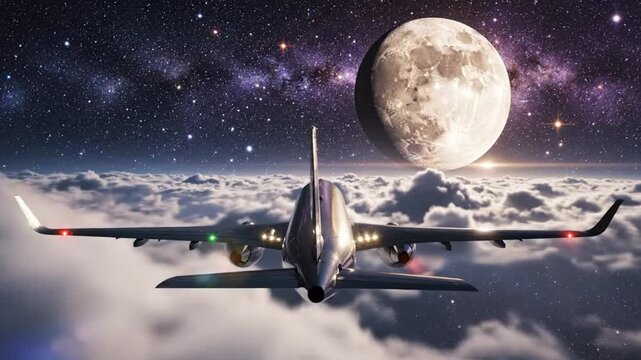 Airplane flying through the night sky with a full moon and starry background over clouds and contrails