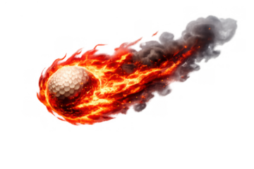 Golf ball flying with intense flames and dark smoke trail, representing speed and power in sport, transparent background