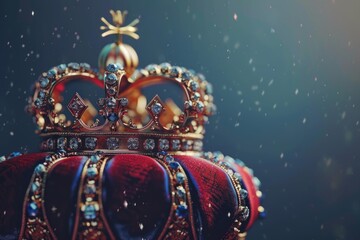 Fototapeta premium Golden royal crown adorned with glittering jewels, resting on a luxurious red velvet cushion, symbolizing monarchy and power