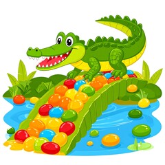 Cartoon alligator smiles from a green slide filled with colorful balls, with water and plants
