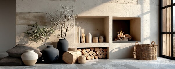 Modern cozy interior with fireplace, decorative vases, dried flowers, stacked firewood, and natural textures