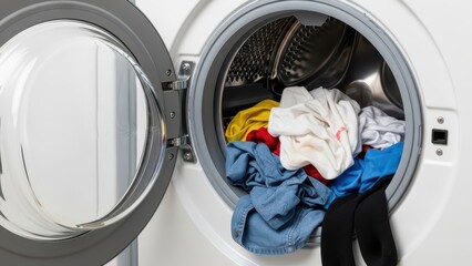 Laundry machine with colorful clothes in open drum ready for washing