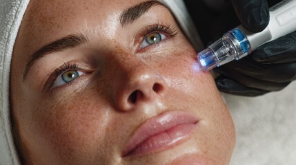 Plakat Focused medium shot capturing plasma device targeting scars for skin rejuvenation on a patients cheek.