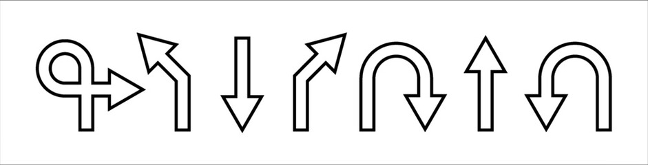 Traffic route arrow collection with location point PNG. Showing left, right, U-turn and forward directions for map navigation vector