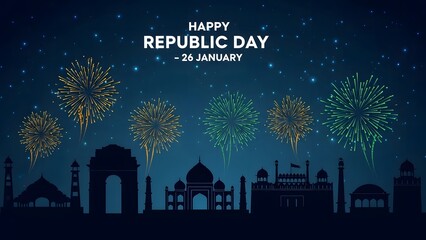 Republic day celebration with fireworks and india gate silhouette background