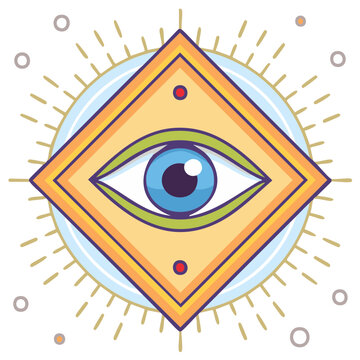 Stylized Eye inside Diamond, Rays of Light, Circles Floating Around; illustration, vector