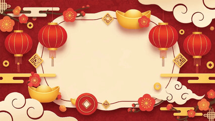 Obraz premium Digital illustration of a vibrant Chinese New Year background with red lanterns, golden coins, and decorative elements on a red and beige color scheme.