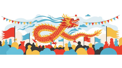 Illustration of a vibrant dragon dance performance with a crowd of people waving flags and banners in a festive setting with a bright and colorful atmosphere.