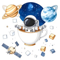 Cartoon astronaut in a teacup with planets, satellite, and floating ice cubes
