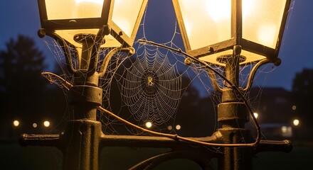 Illuminated Street Lamps at Dusk with Spiderweb Detail.