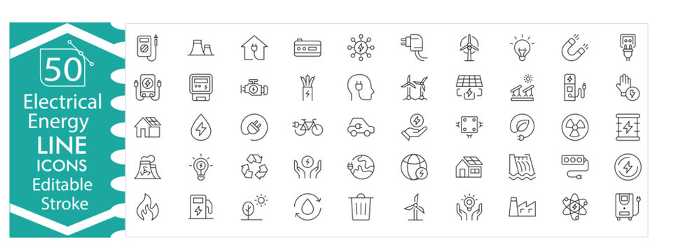 Electrical energy icons set, electricity, voltage, current, renewable energy, solar, battery, plug, circuit, energy efficiency, technology, professional design editable stroke vector Illustration. 