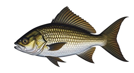 Illustration of a Silver Carp Fish with Detailed Scales and Fins.