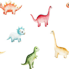 Seamless pattern with cute dinosaur. Watercolor hand drawn prehistoric triceratops, diplodocus,Spinosaurus, Brachiosaurus animal. Isolated illustration on transparent background. Perfect for for © Natalia