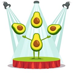 Cartoon avocado character juggling avocado halves under spotlights on a stage