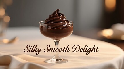 A rich chocolate dessert in a glass cup on a table with a white tablecloth