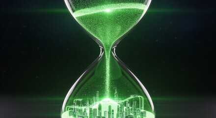 An hourglass with shimmering green particles creating and energizing a futuristic smart city, depicting the flow of time driving innovation and sustainable urban evolution.