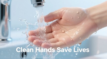A person washing their hands under a running faucet with water splashing