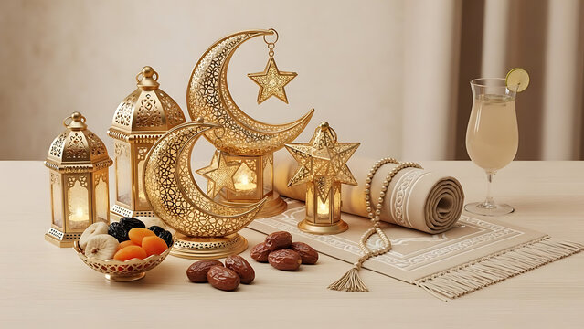 Ramadan Kareem celebration with golden ornaments and traditional food. - Powered by Adobe