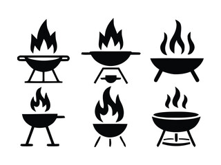 BBQ Grill with Fire Silhouette Icons. Barbecue Grill Black and White Icon Set
