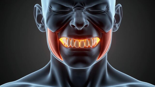 3D Render of Human Facial Muscles Anatomy Showing Masseter and Temporalis with Teeth in Detailed Medical Animation